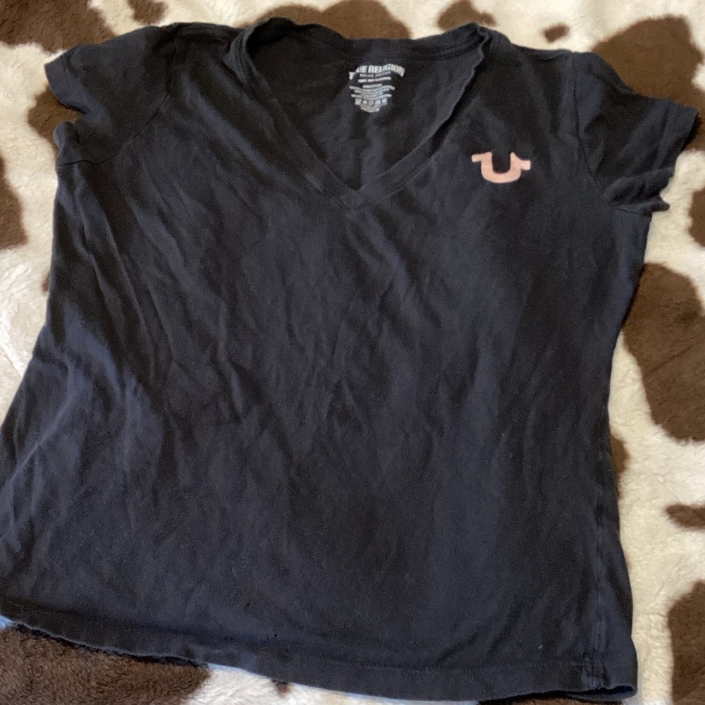 True Religion Black V-Neck Tee with Light Pink Horseshoe